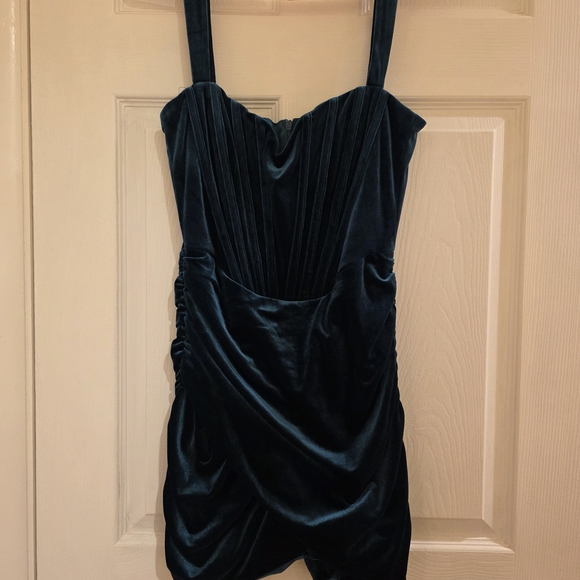 Teal Velvet Mini Dress - Picture 2 of 4
